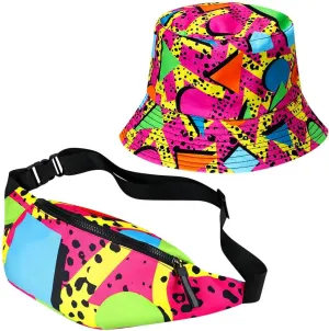 2 Pcs 80s 90s Fanny Pack 80s Outfit Hat Adjustable Waist Bag Retro 90s Bag Bucket Cap 80s Accessories for Women Men