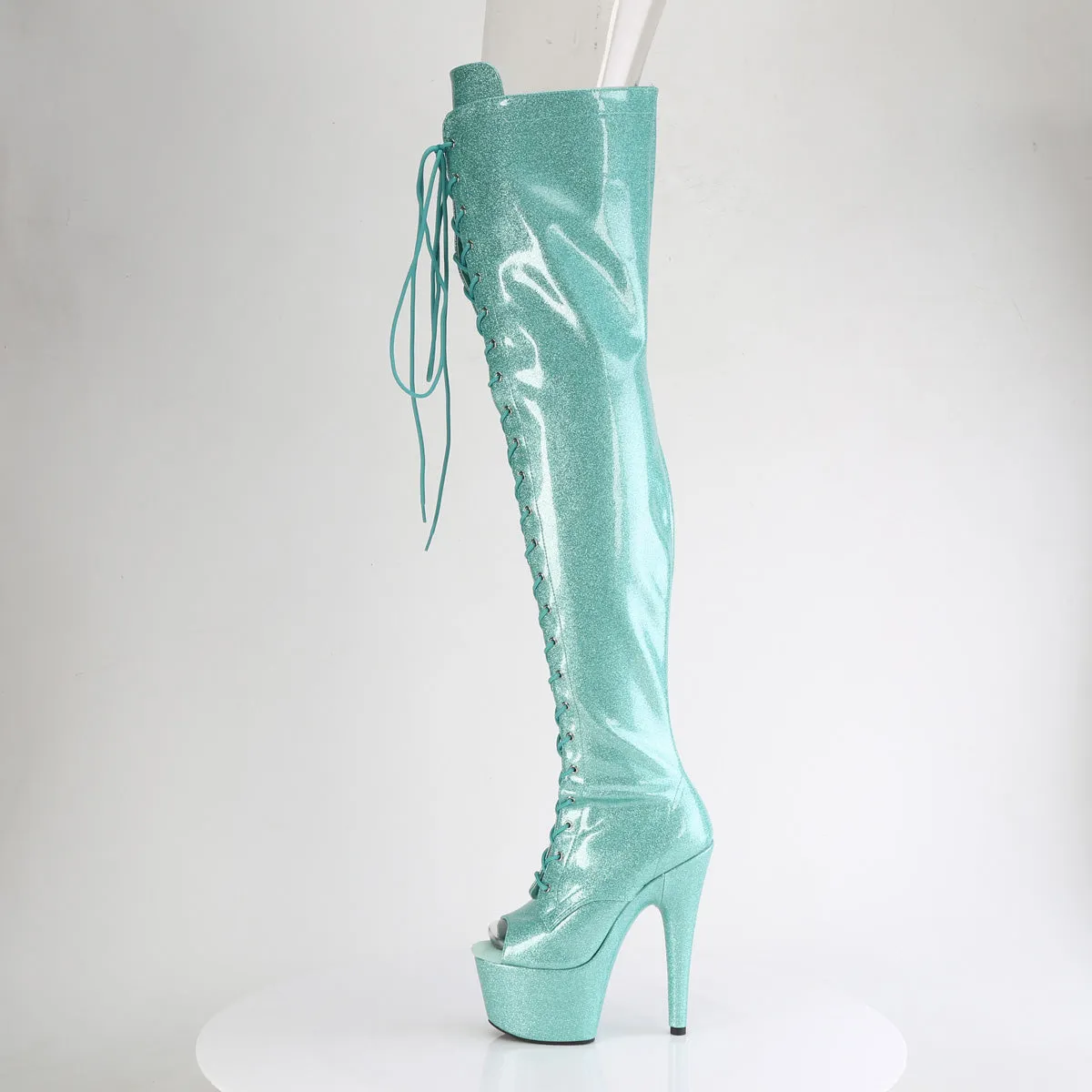 ADORE-3021GP Pleaser Aqua Glitter Pole Dancing Thigh High Boots
