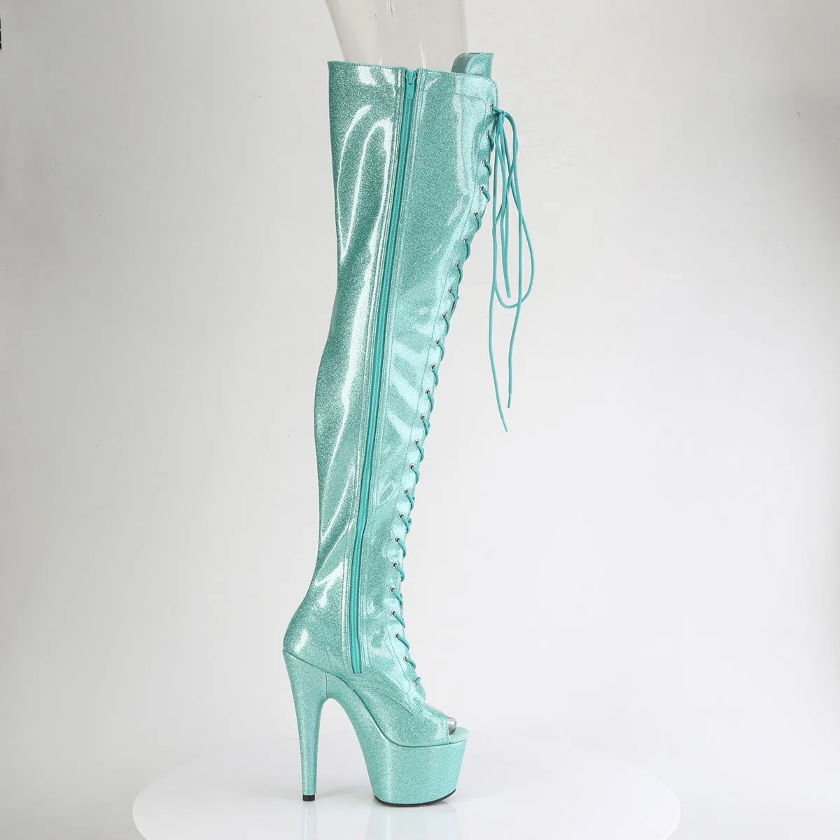 ADORE-3021GP Pleaser Aqua Glitter Pole Dancing Thigh High Boots
