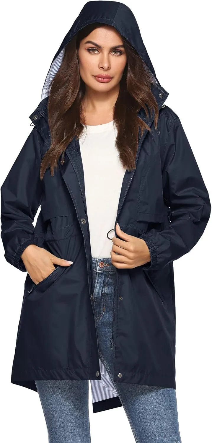 Avoogue Womens Rain Jacket Long Navy Blue Windbreaker Female Raincoat Navy Blue Xl