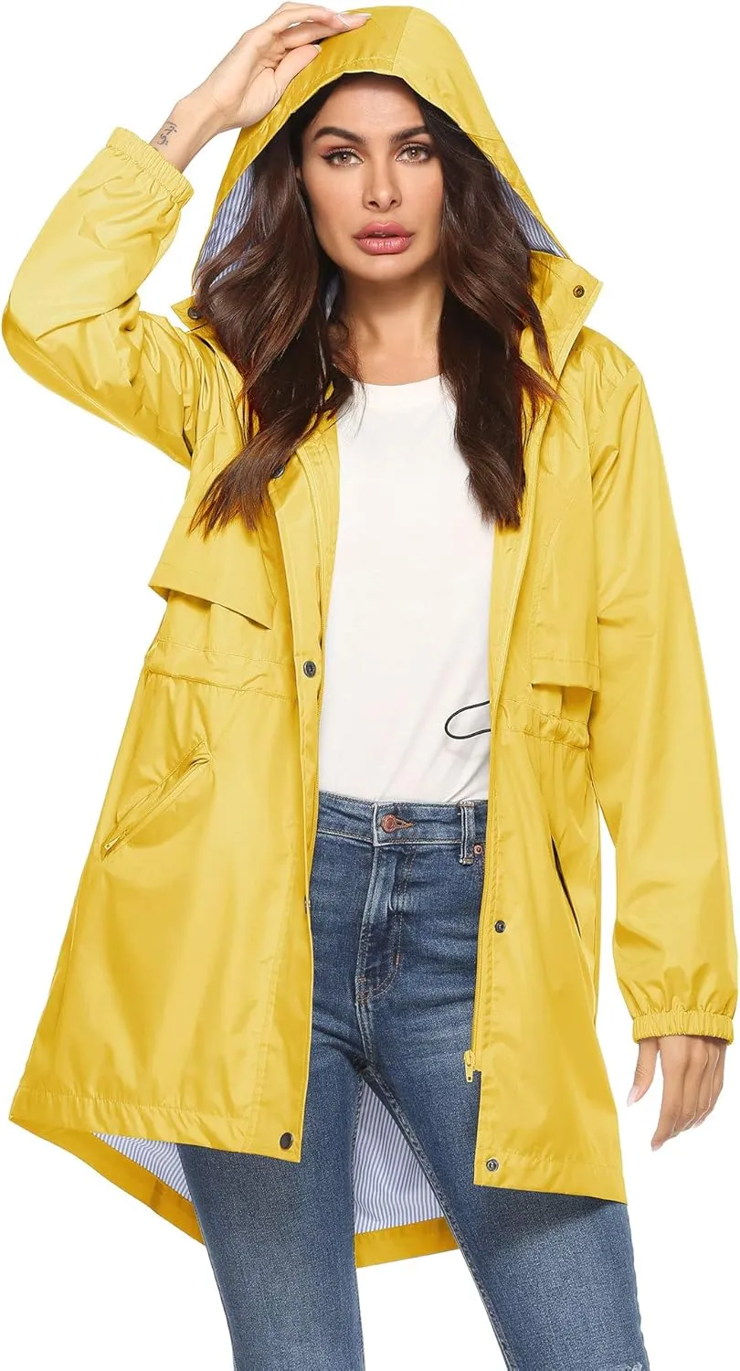 Avoogue Womens Raincoats Waterproof Cinch Waist Breathable All Weather Jacket Long