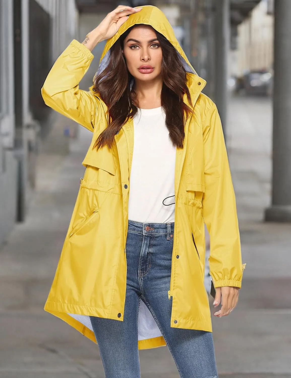Avoogue Womens Raincoats Waterproof Cinch Waist Breathable All Weather Jacket Long