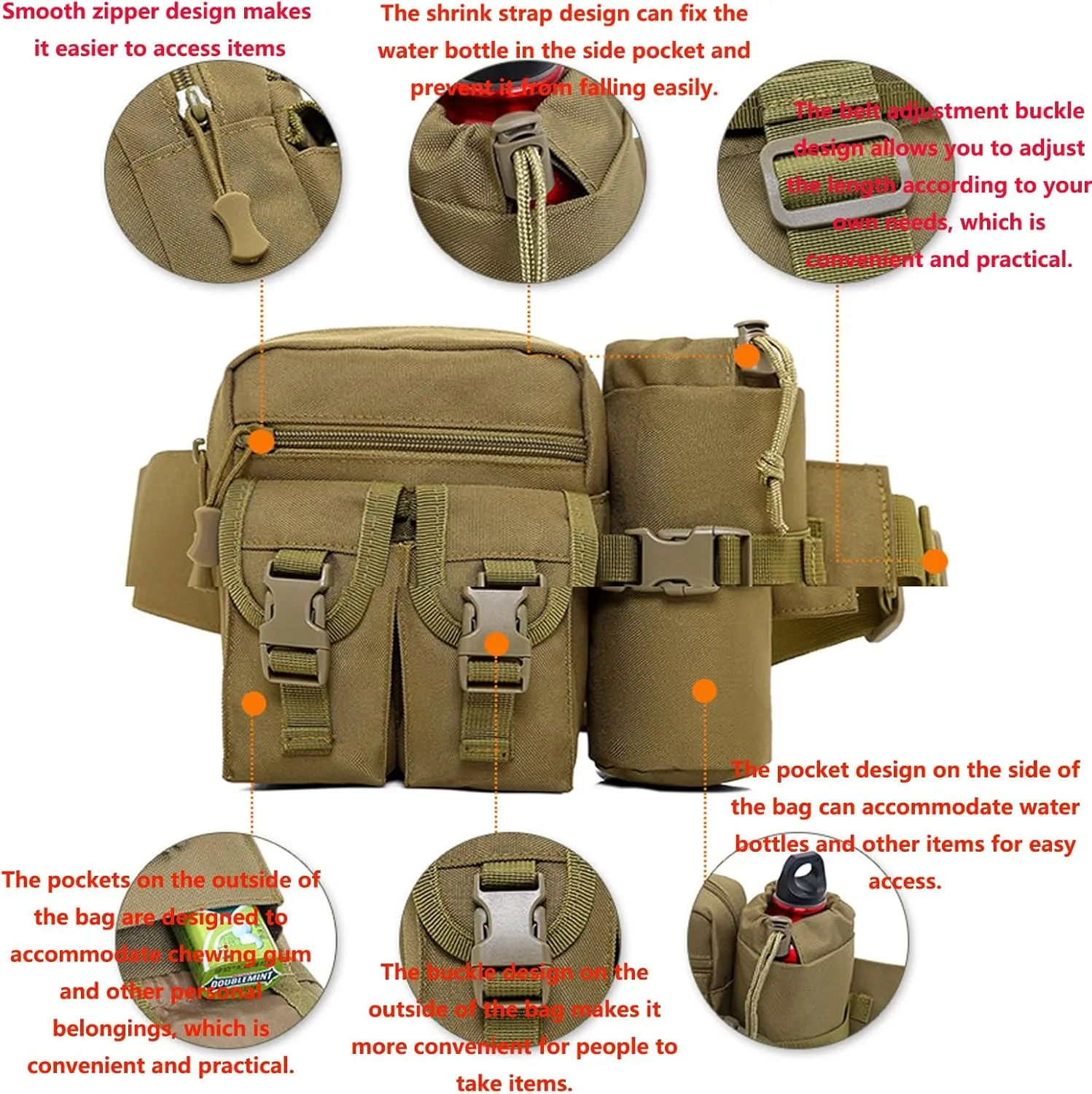 BLEMO Hiking Waist Bag for Women Fanny Pack for Men with Detachable Water Bottle Holder for Cycling Camping Climbing Hiking Trekking Running Hunting F