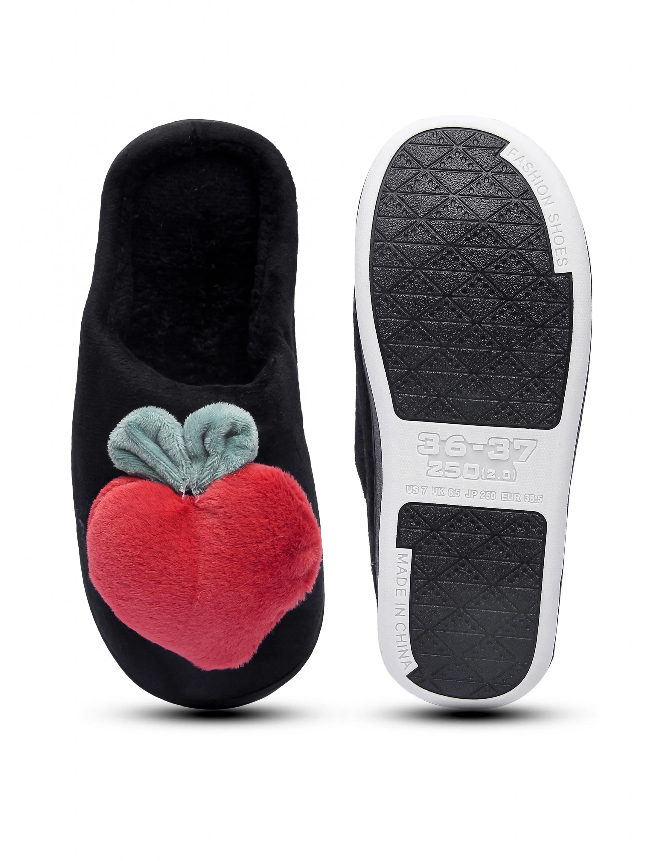 Brauch Women's Black Fur Heart Apple Winter Slippers