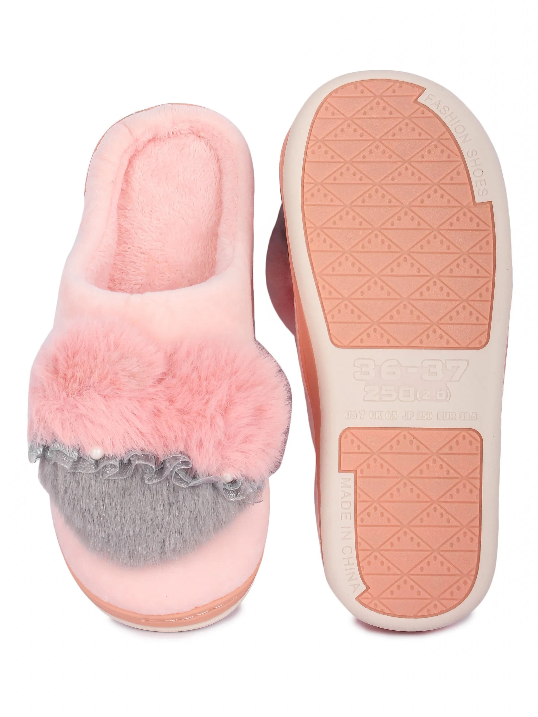 Brauch Women's Peach Heart Pearl Fur Winter Slippers