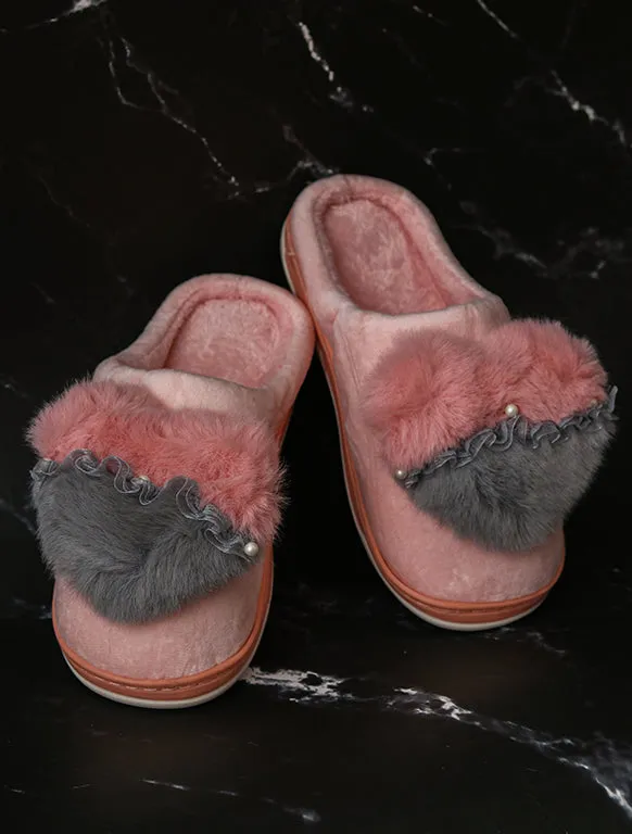 Brauch Women's Peach Heart Pearl Fur Winter Slippers
