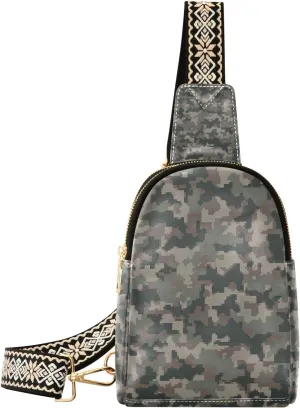 Brown Camouflage Small Sling Bag for Women,Leather Fanny Pack,Crossbody Waist Bag With Adjustable Guitar Strap