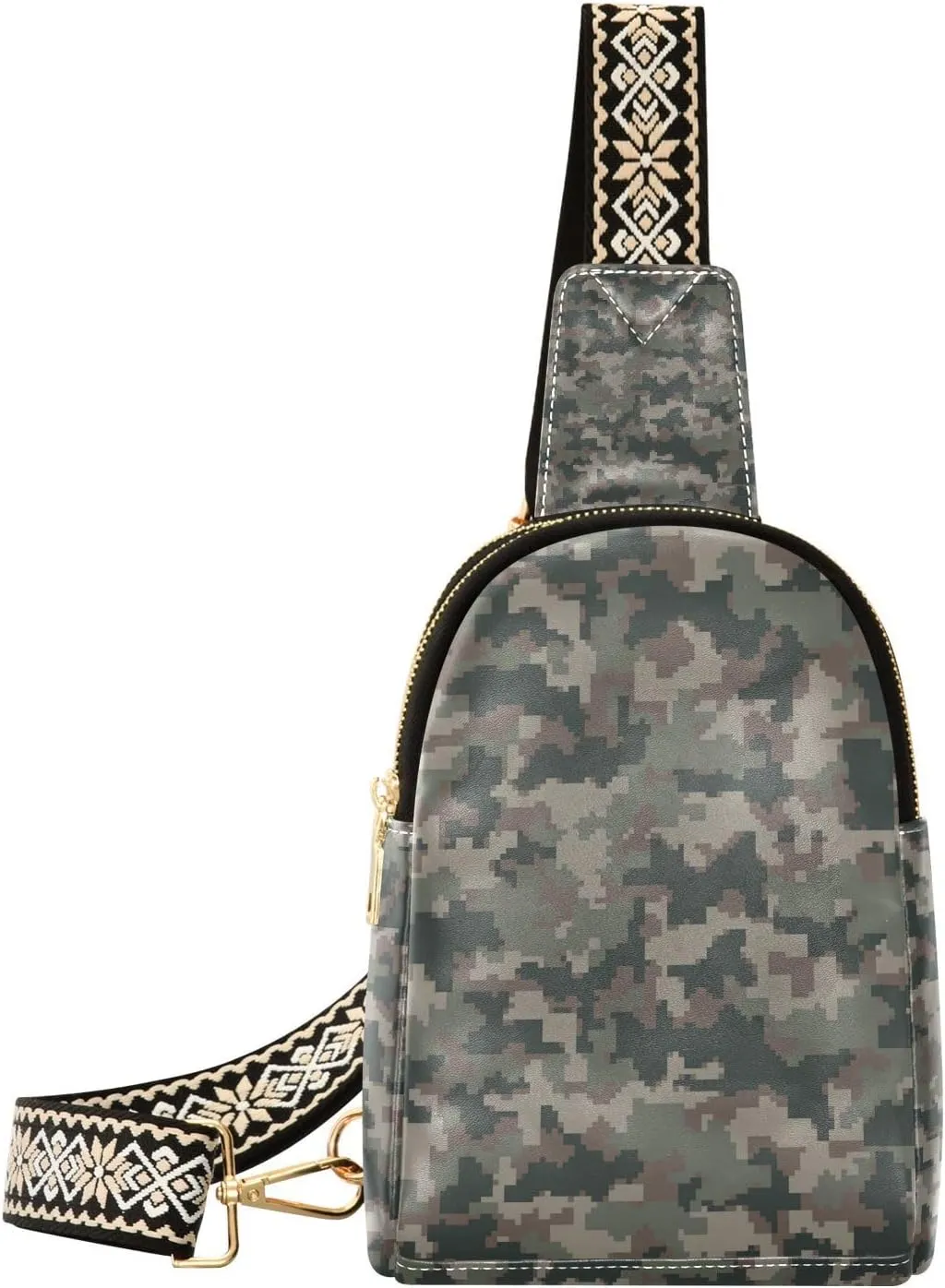 Brown Camouflage Small Sling Bag for Women,Leather Fanny Pack,Crossbody Waist Bag With Adjustable Guitar Strap