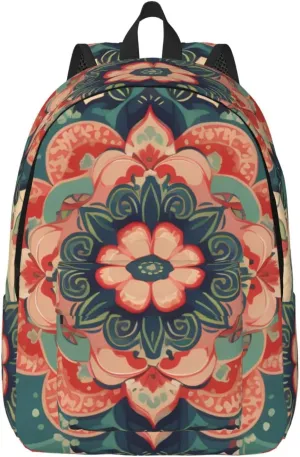 Canvas Backpack for Men Women Laptop Backpack Vintage Mandala Flowers Daypack Travel Rucksack for Work Hiking Small