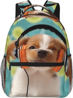 Casual Backpack for Men Women Laptop Backpack Lightweight Bookbag Puppy with headphones Daypack Travel Rucksack for Work Hiking