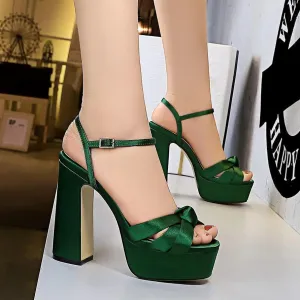 Chicvane Satin Peep Toe Shoes Platform Pumps Heeled Sandals
