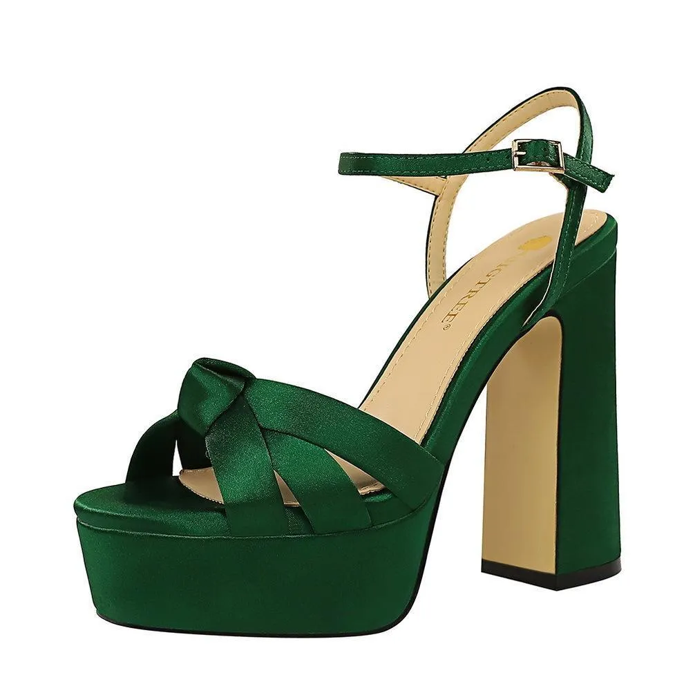 Chicvane Satin Peep Toe Shoes Platform Pumps Heeled Sandals