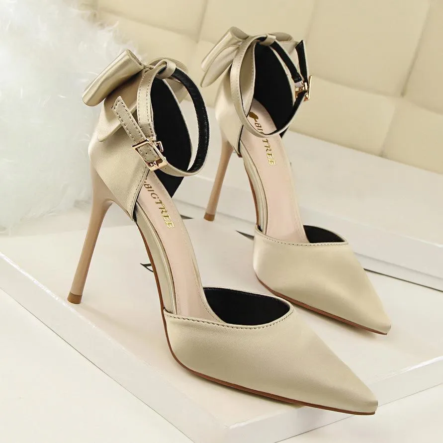 Chicvane Satin Pointed Toe Stiletto Heel with Bowknot Bridal Shoes