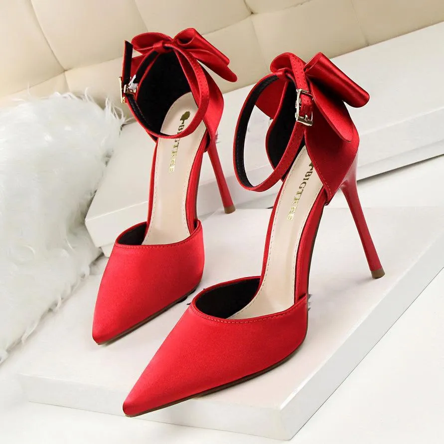Chicvane Satin Pointed Toe Stiletto Heel with Bowknot Bridal Shoes