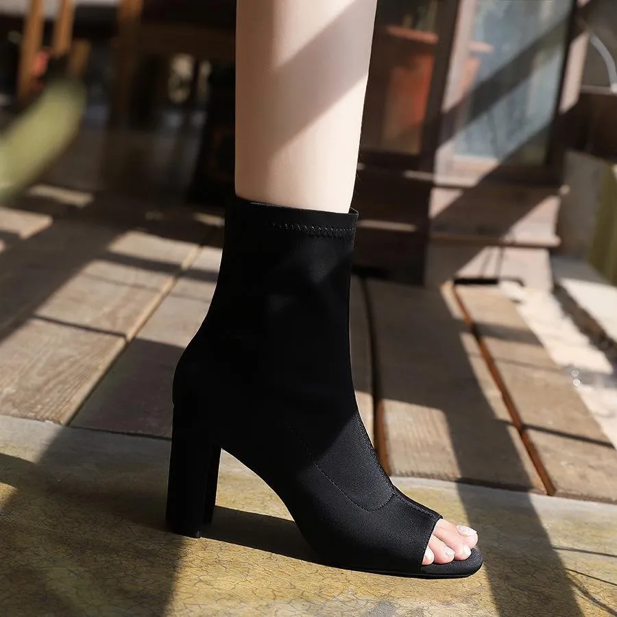 Chicvane Womens Elastic Fabric Square Peep Toe Square Heel Mid Calf Boots