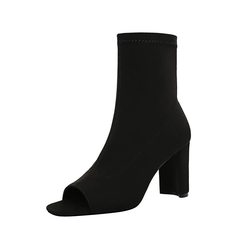 Chicvane Womens Elastic Fabric Square Peep Toe Square Heel Mid Calf Boots