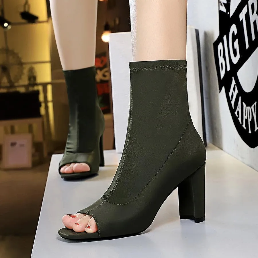 Chicvane Womens Elastic Fabric Square Peep Toe Square Heel Mid Calf Boots