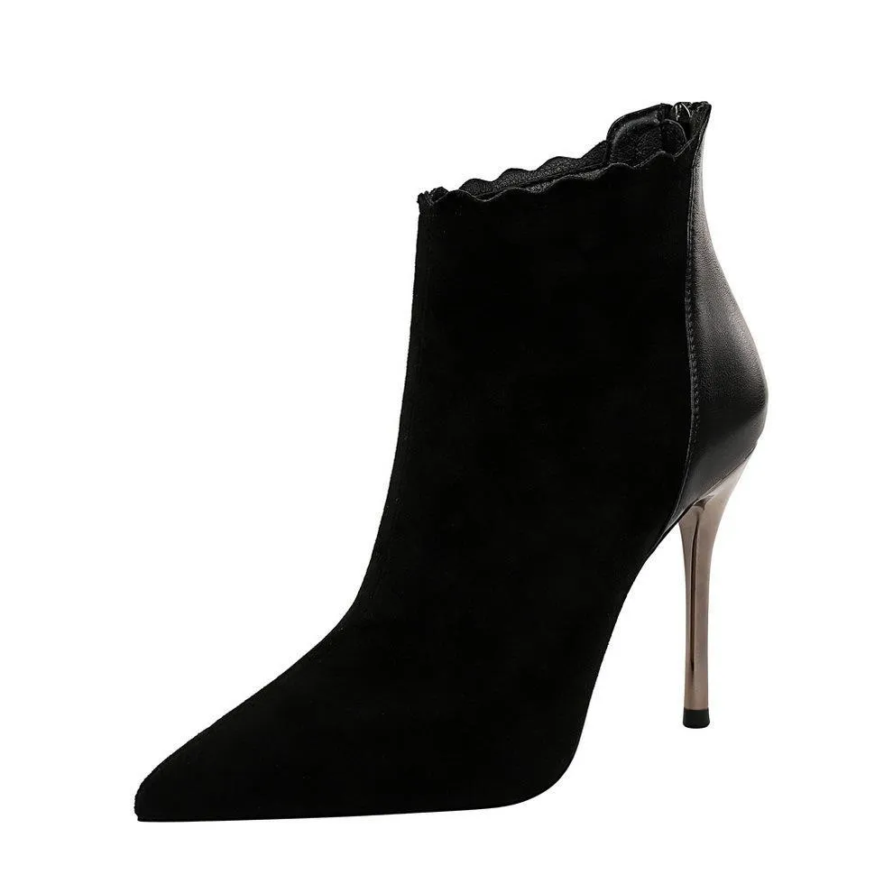 Chicvane Womens Suede Pointed Toe Stiletto Heel Zipper Closure Ankle Boots