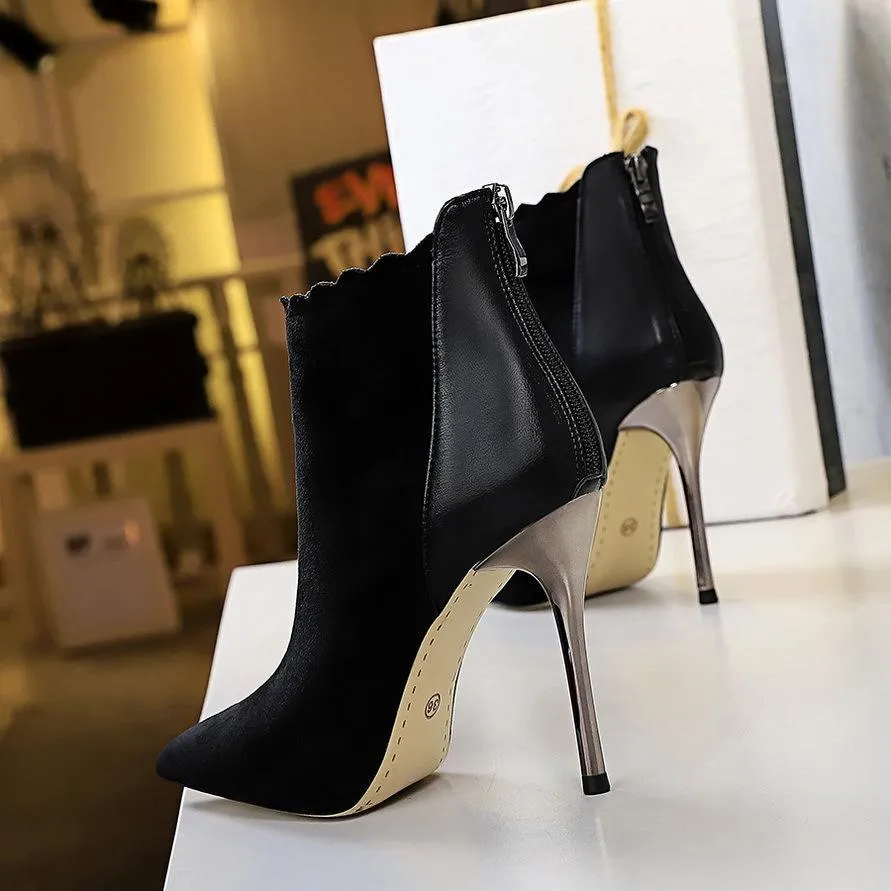 Chicvane Womens Suede Pointed Toe Stiletto Heel Zipper Closure Ankle Boots