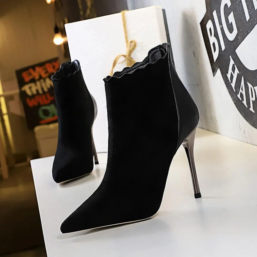 Chicvane Womens Suede Pointed Toe Stiletto Heel Zipper Closure Ankle Boots