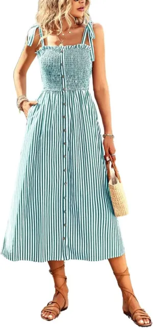 chouyatou Women's Summer Adjustable Spaghetti Strap Striped Ruffle Swing Midi Smocked Dress