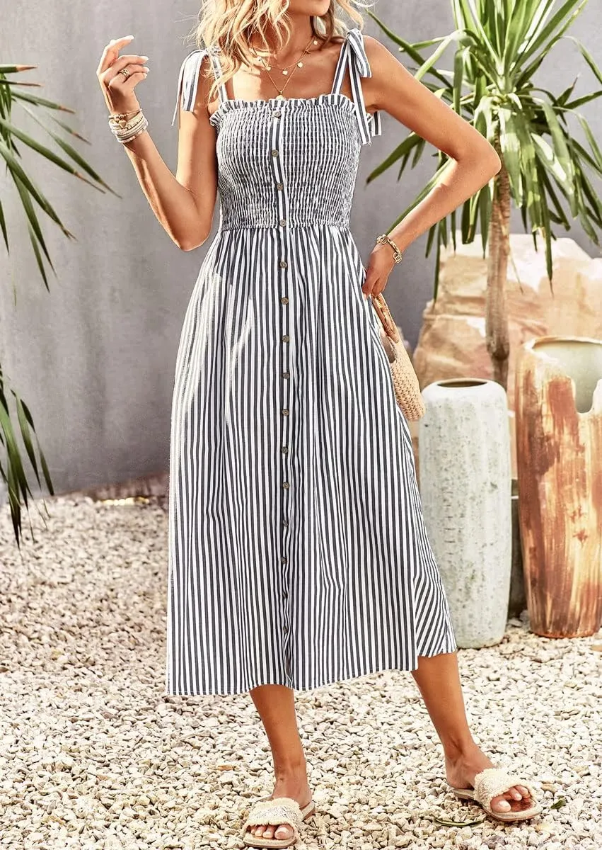 chouyatou Women's Summer Adjustable Spaghetti Strap Striped Ruffle Swing Midi Smocked Dress