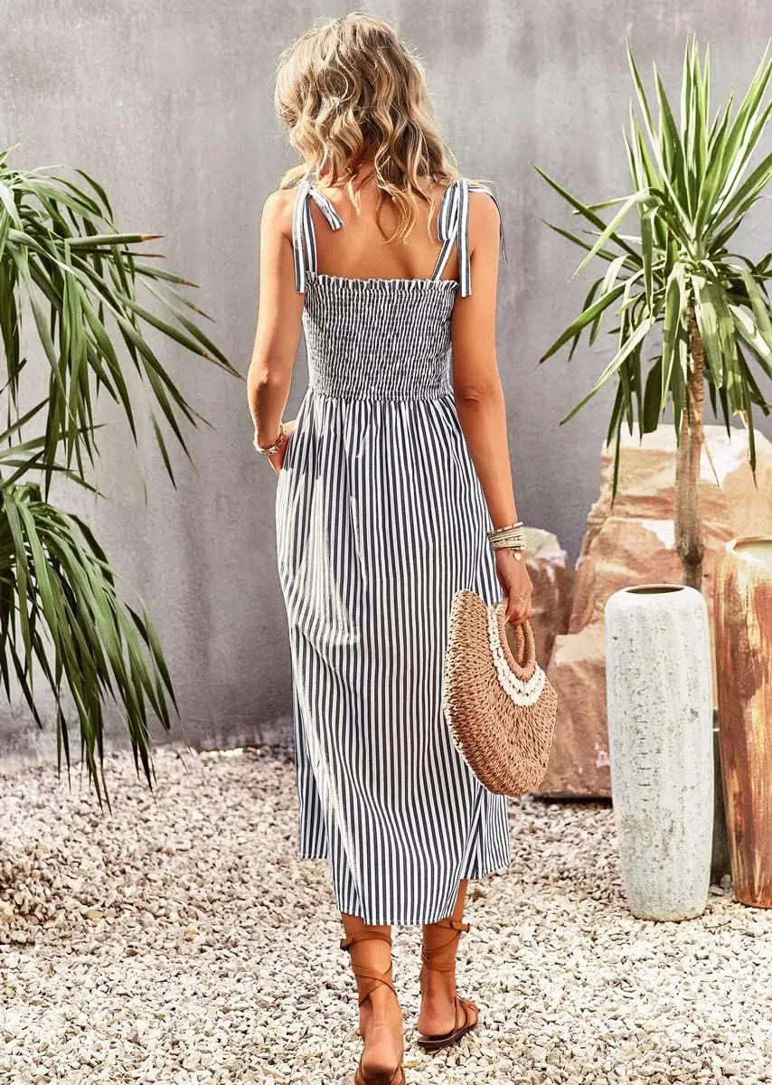 chouyatou Women's Summer Adjustable Spaghetti Strap Striped Ruffle Swing Midi Smocked Dress