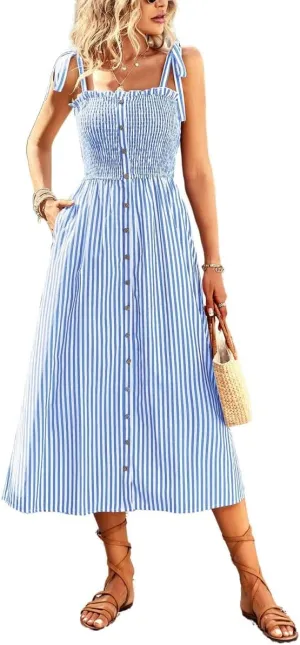 chouyatou Women's Summer Adjustable Spaghetti Strap Striped Ruffle Swing Midi Smocked Dress