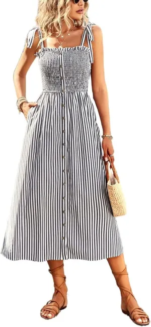 chouyatou Women's Summer Adjustable Spaghetti Strap Striped Ruffle Swing Midi Smocked Dress