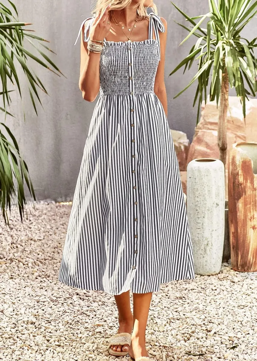 chouyatou Women's Summer Adjustable Spaghetti Strap Striped Ruffle Swing Midi Smocked Dress