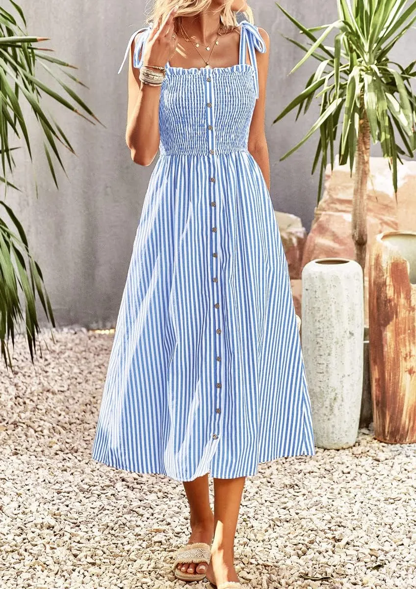 chouyatou Women's Summer Adjustable Spaghetti Strap Striped Ruffle Swing Midi Smocked Dress