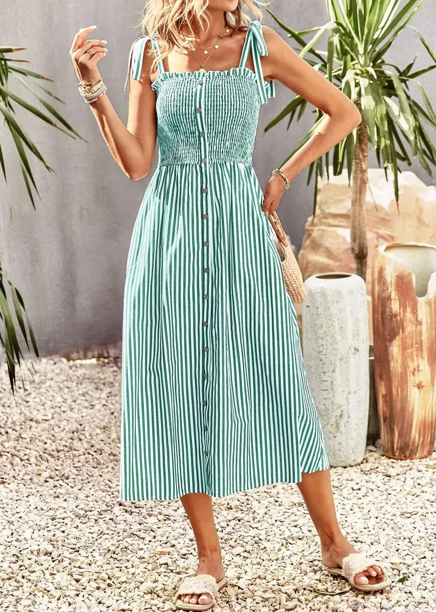chouyatou Women's Summer Adjustable Spaghetti Strap Striped Ruffle Swing Midi Smocked Dress
