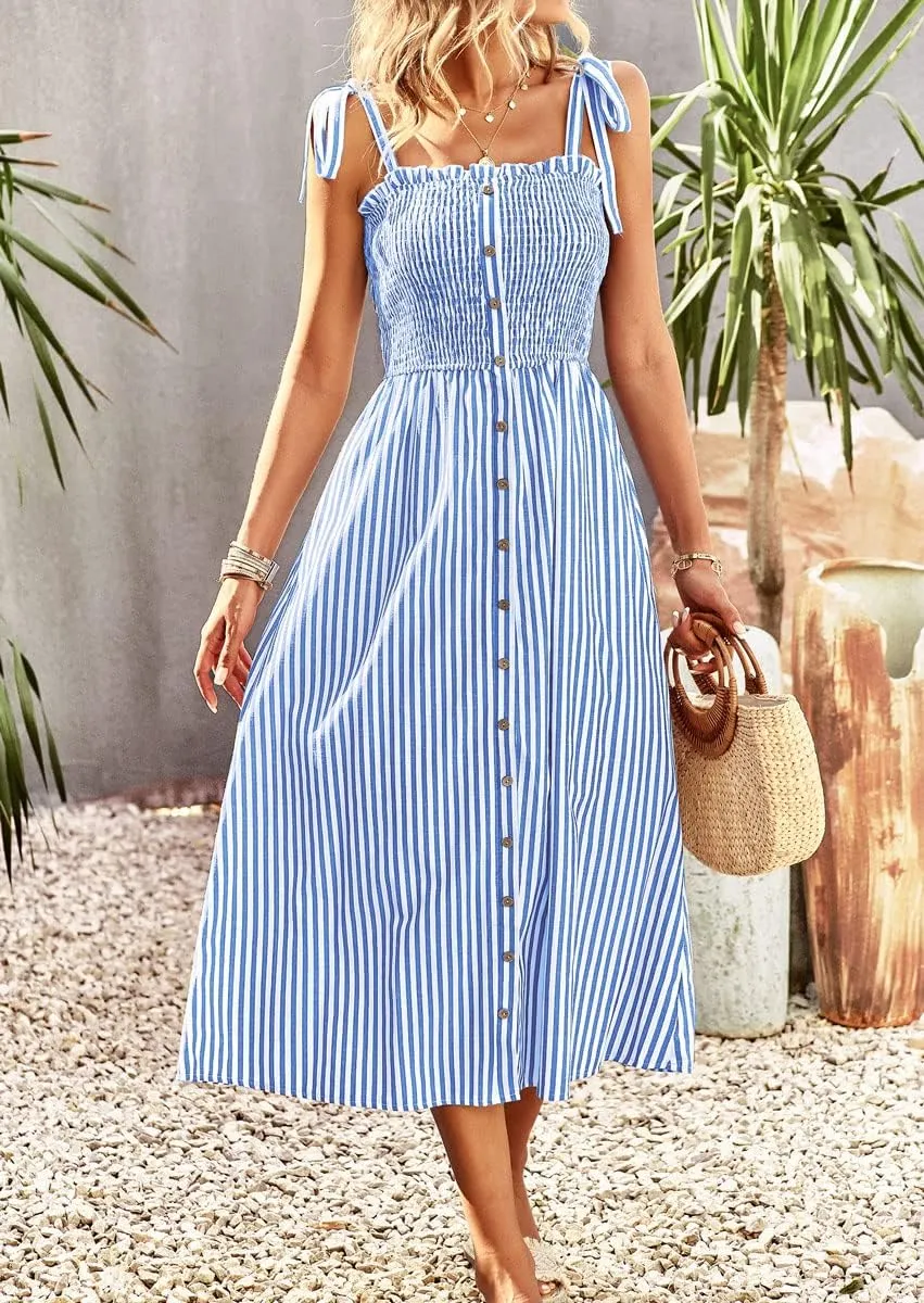 chouyatou Women's Summer Adjustable Spaghetti Strap Striped Ruffle Swing Midi Smocked Dress