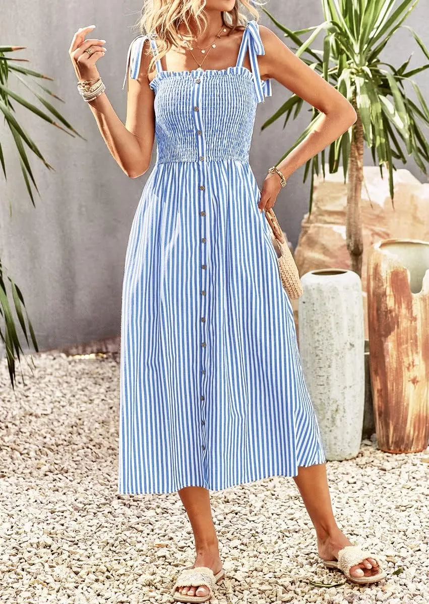chouyatou Women's Summer Adjustable Spaghetti Strap Striped Ruffle Swing Midi Smocked Dress