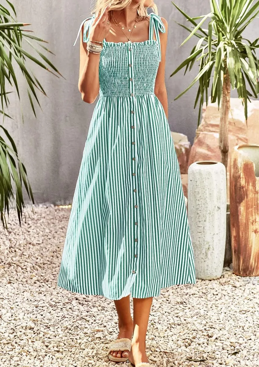 chouyatou Women's Summer Adjustable Spaghetti Strap Striped Ruffle Swing Midi Smocked Dress