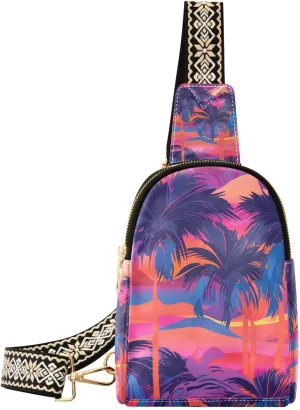 Coconut Tree Small Sling Bag for Women,Leather Fanny Pack,Crossbody Waist Bag With Adjustable Guitar Strap