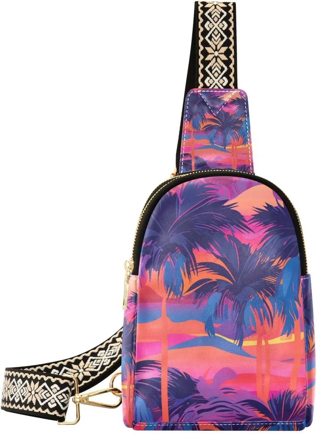 Coconut Tree Small Sling Bag for Women,Leather Fanny Pack,Crossbody Waist Bag With Adjustable Guitar Strap