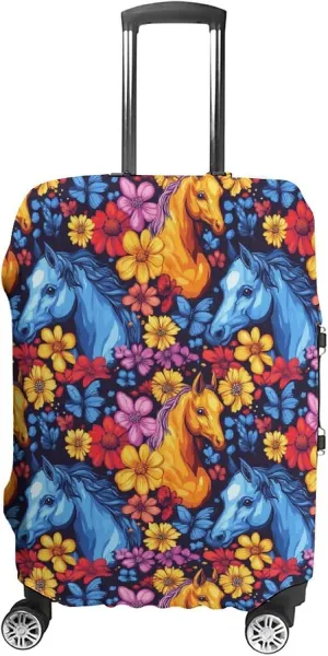 Colorful Horse Flowers Travel Suitcase Protector Luggage Cover Protective Washable Anti-scratch Baggage Cover