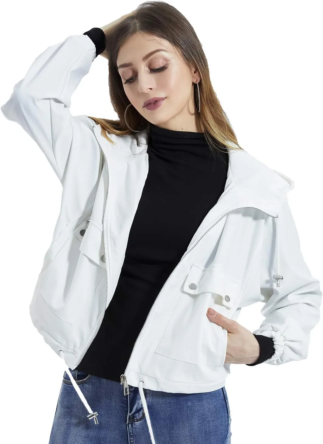 DIASHINY Fall Hooded Loose Jacket For Women, Zip Up Rain Coat Windbreaker