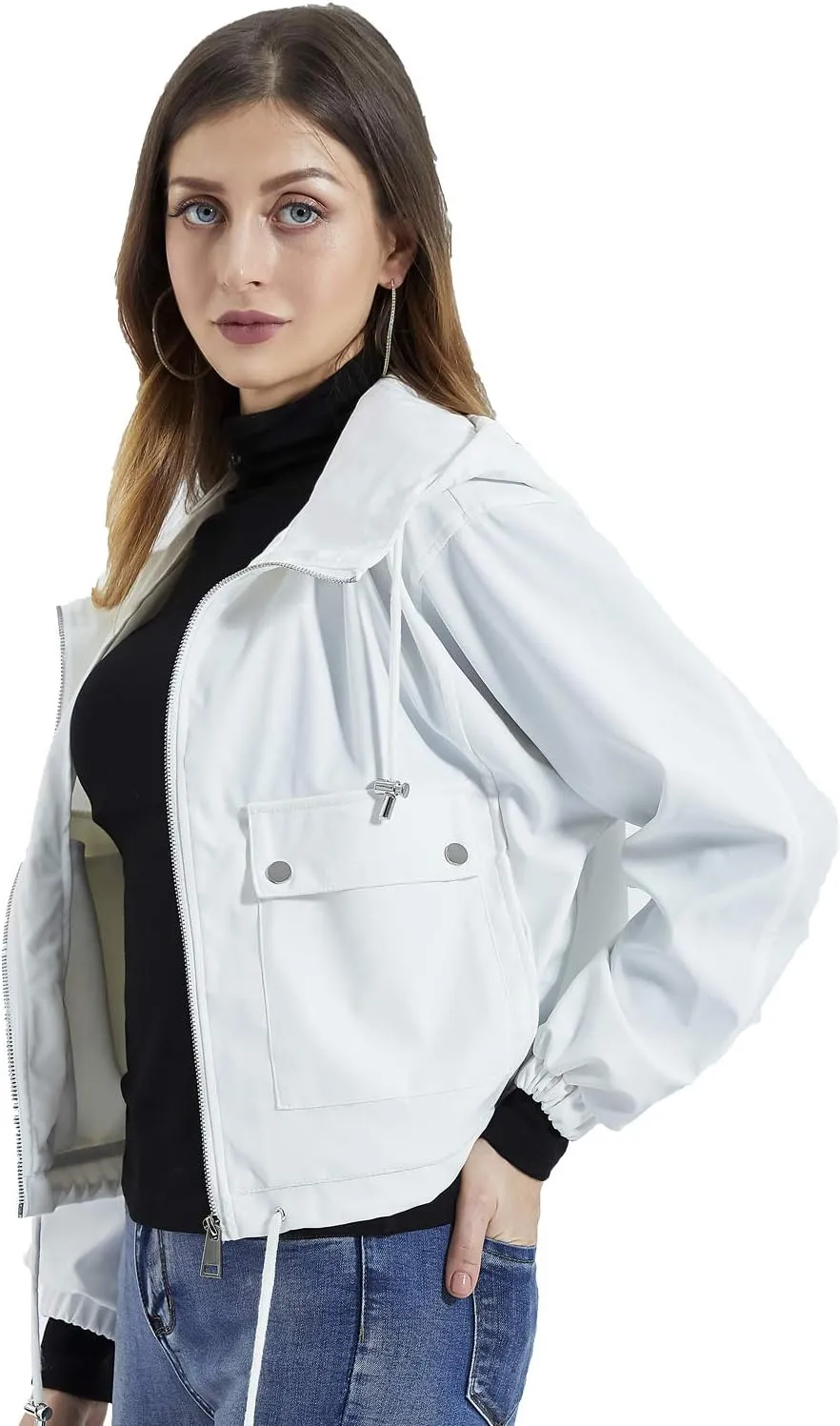 DIASHINY Fall Hooded Loose Jacket For Women, Zip Up Rain Coat Windbreaker