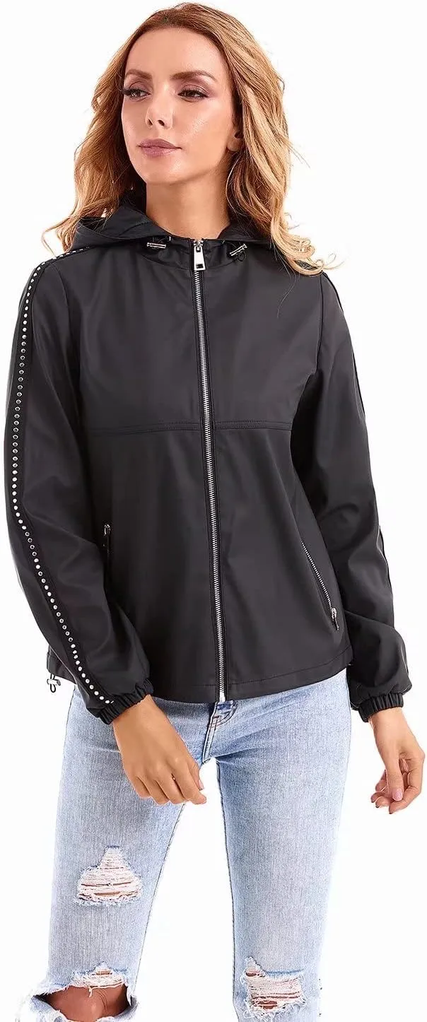 DIASHINY Fall Hooded Loose Jacket For Women, Zip Up Rain Coat Windbreaker