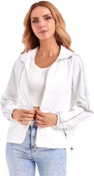 DIASHINY Fall Hooded Loose Jacket For Women, Zip Up Rain Coat Windbreaker