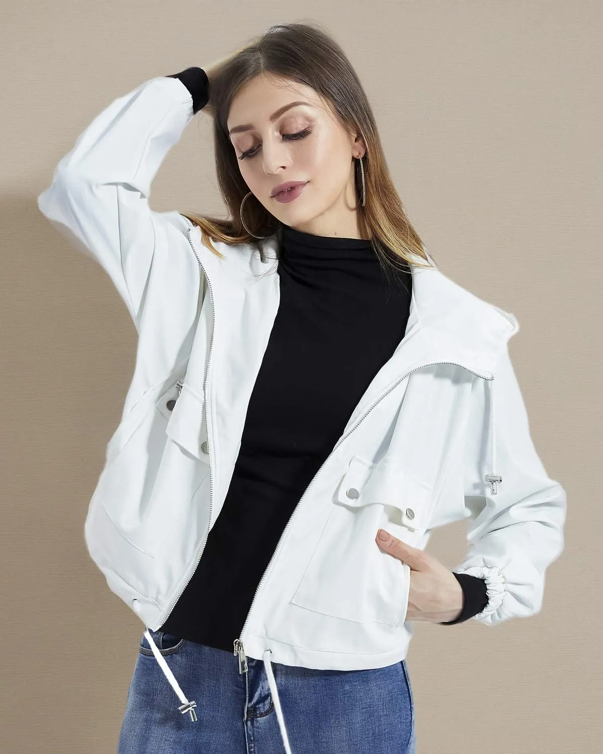 DIASHINY Fall Hooded Loose Jacket For Women, Zip Up Rain Coat Windbreaker