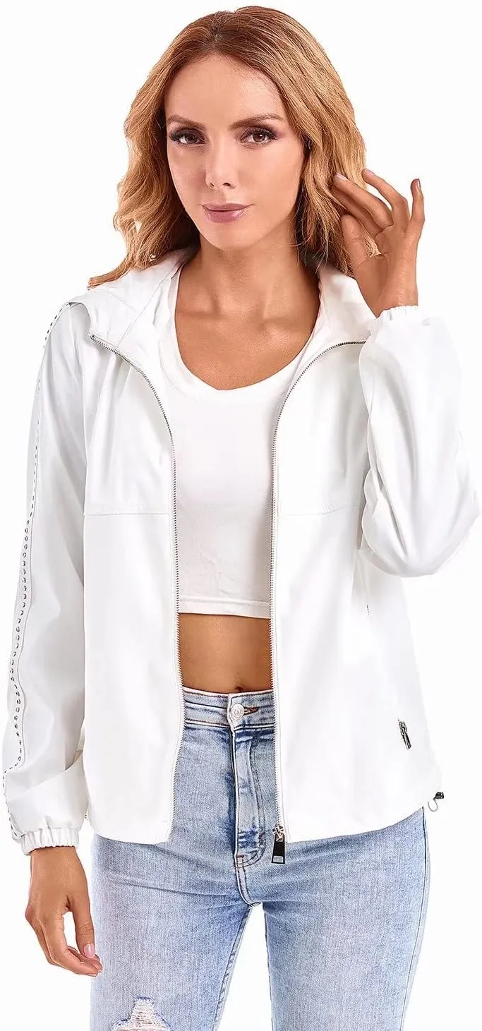 DIASHINY Fall Hooded Loose Jacket For Women, Zip Up Rain Coat Windbreaker
