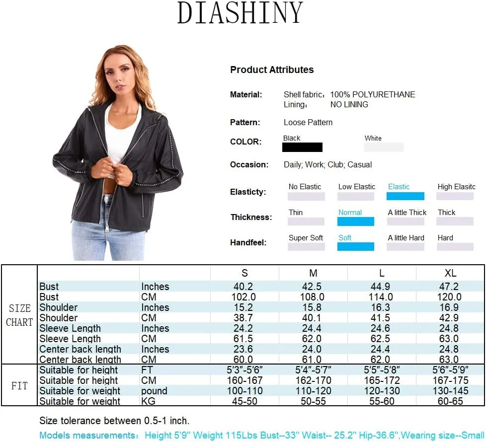 DIASHINY Fall Hooded Loose Jacket For Women, Zip Up Rain Coat Windbreaker