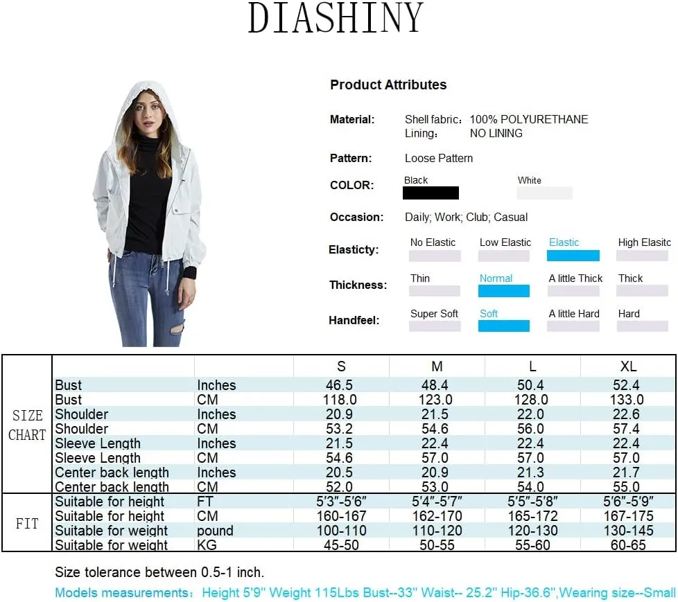DIASHINY Fall Hooded Loose Jacket For Women, Zip Up Rain Coat Windbreaker