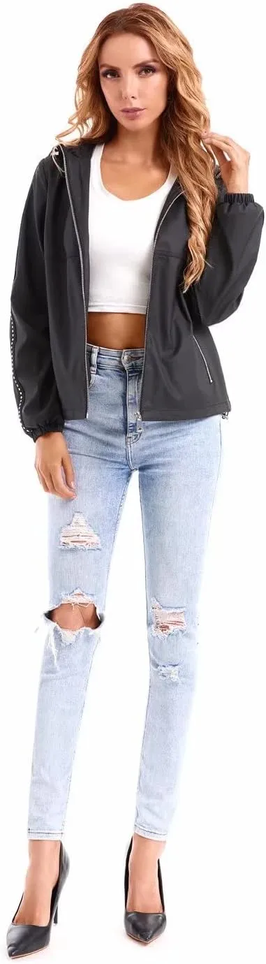 DIASHINY Fall Hooded Loose Jacket For Women, Zip Up Rain Coat Windbreaker