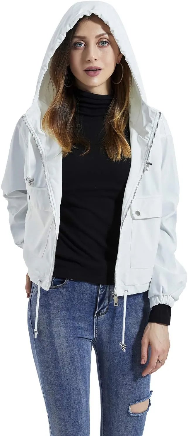 DIASHINY Fall Hooded Loose Jacket For Women, Zip Up Rain Coat Windbreaker