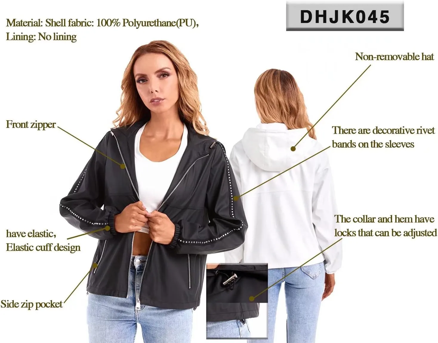 DIASHINY Fall Hooded Loose Jacket For Women, Zip Up Rain Coat Windbreaker