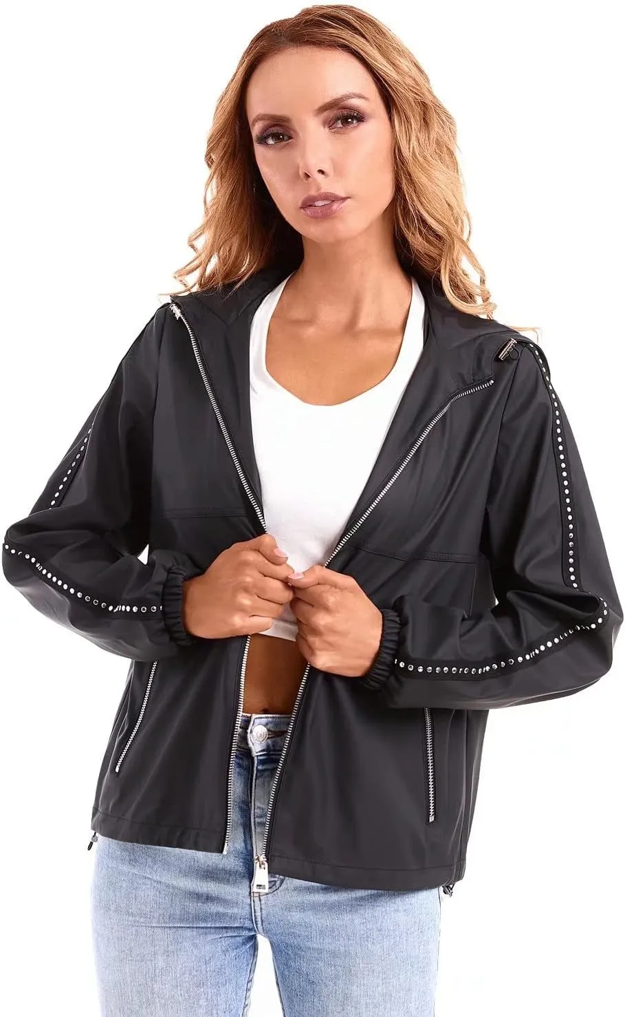 DIASHINY Fall Hooded Loose Jacket For Women, Zip Up Rain Coat Windbreaker
